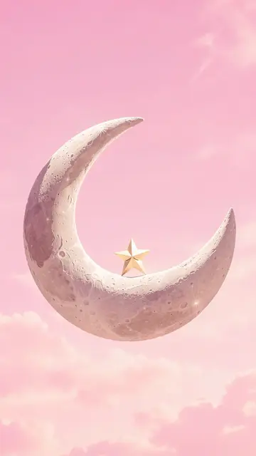 Textured crescent moon cradles a small golden star against a soft pastel pink sky with wispy clouds