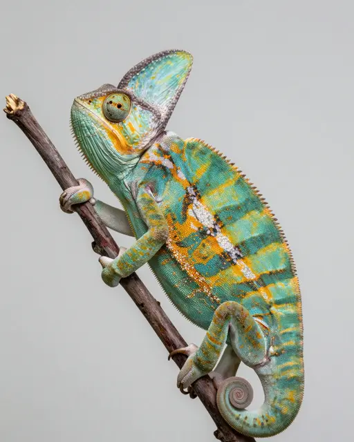 A colorful green and yellow banded crested chameleon grips a thin brown twig against a plain light gray background.
