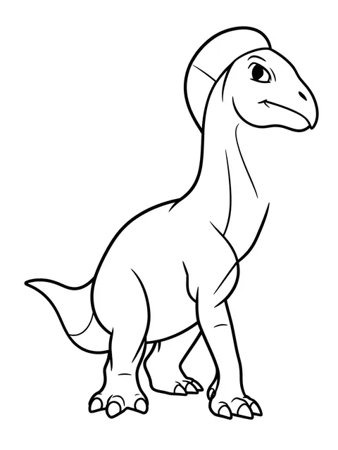 Simple black and white line art of a crested cartoon dinosaur on a plain white background