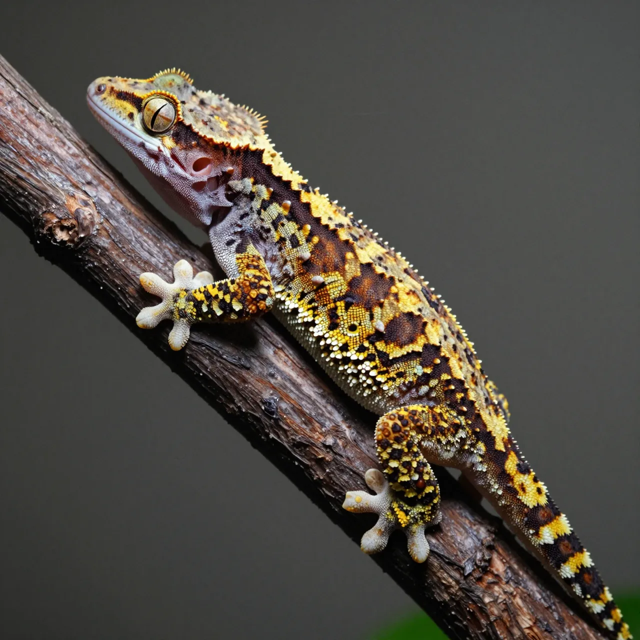 A patterned crested gecko perches steadily on a textured wooden branch against a muted neutral gray background