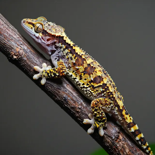 A patterned crested gecko perches steadily on a textured wooden branch against a muted neutral gray background