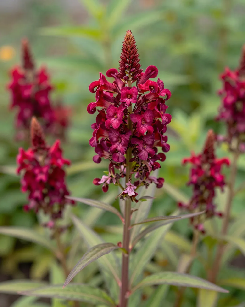 Close-up of a sharp central crimson flower spike with blurred matching blooms and soft green garden foliage in the background