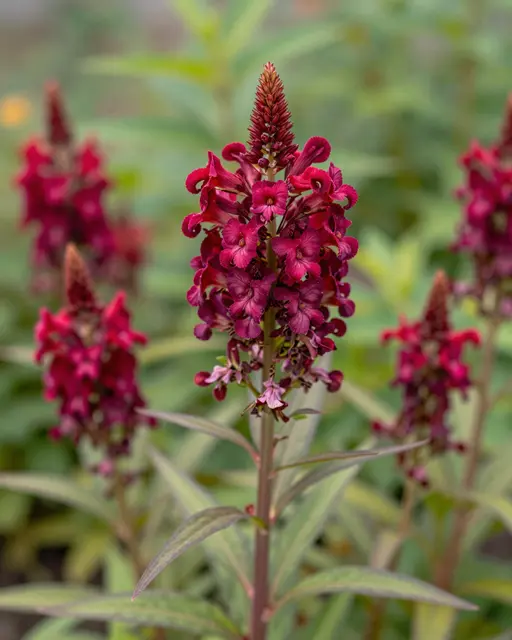 Close-up of a sharp central crimson flower spike with blurred matching blooms and soft green garden foliage in the background