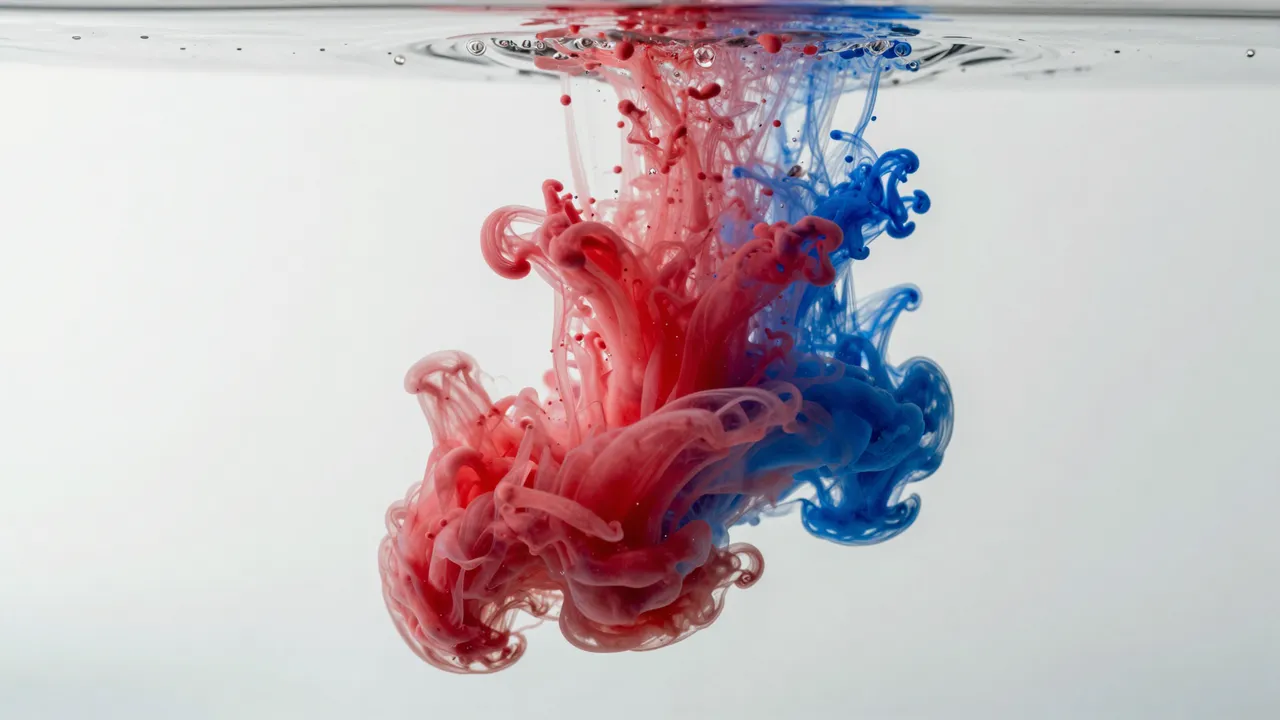 Swirling red and blue ink plumes drift and collide in clear water against a pale white background