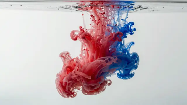 Swirling red and blue ink plumes drift and collide in clear water against a pale white background