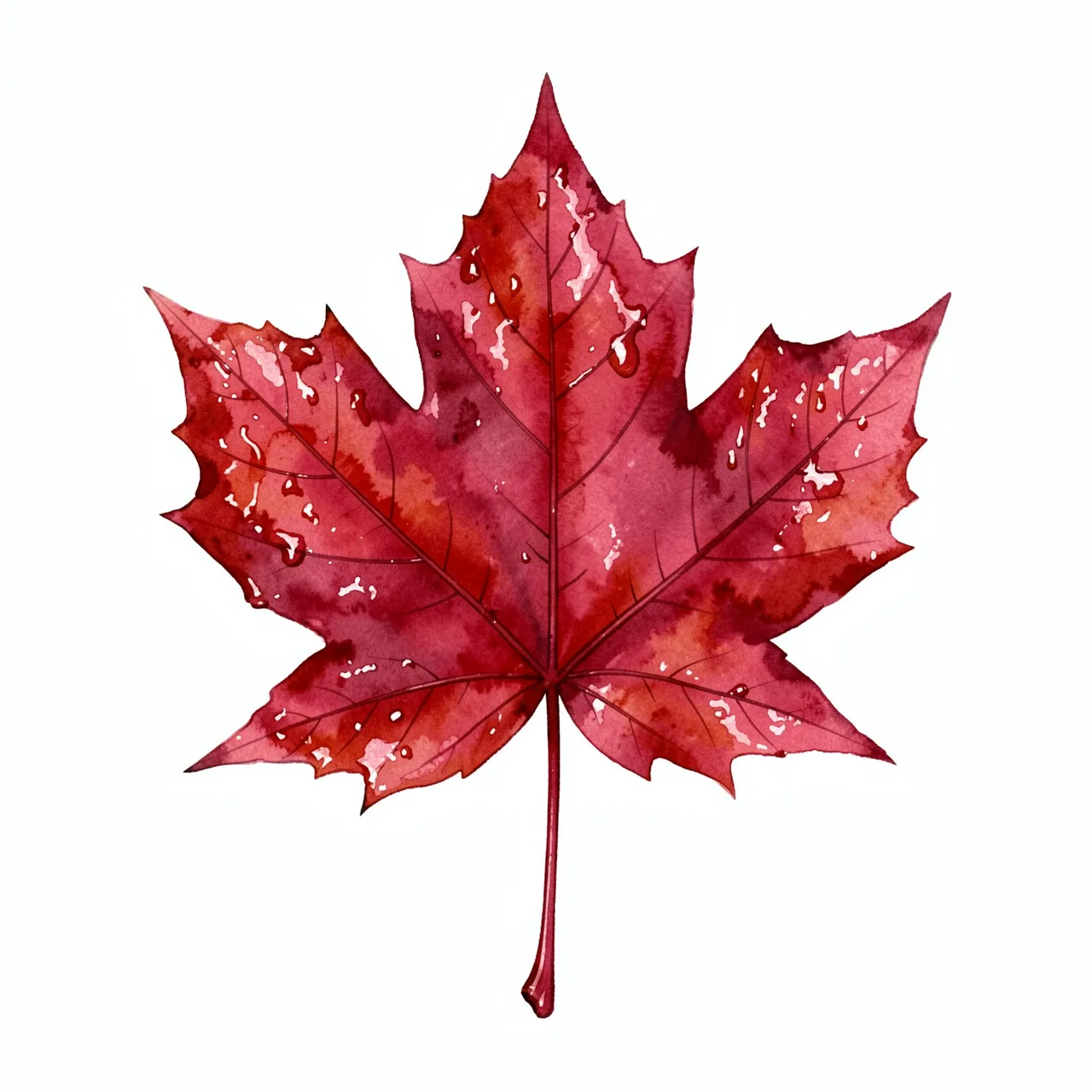 A watercolor illustration of a glossy crimson maple leaf with dew droplets set against a plain white background