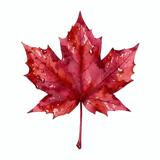 A watercolor illustration of a glossy crimson maple leaf with dew droplets set against a plain white background