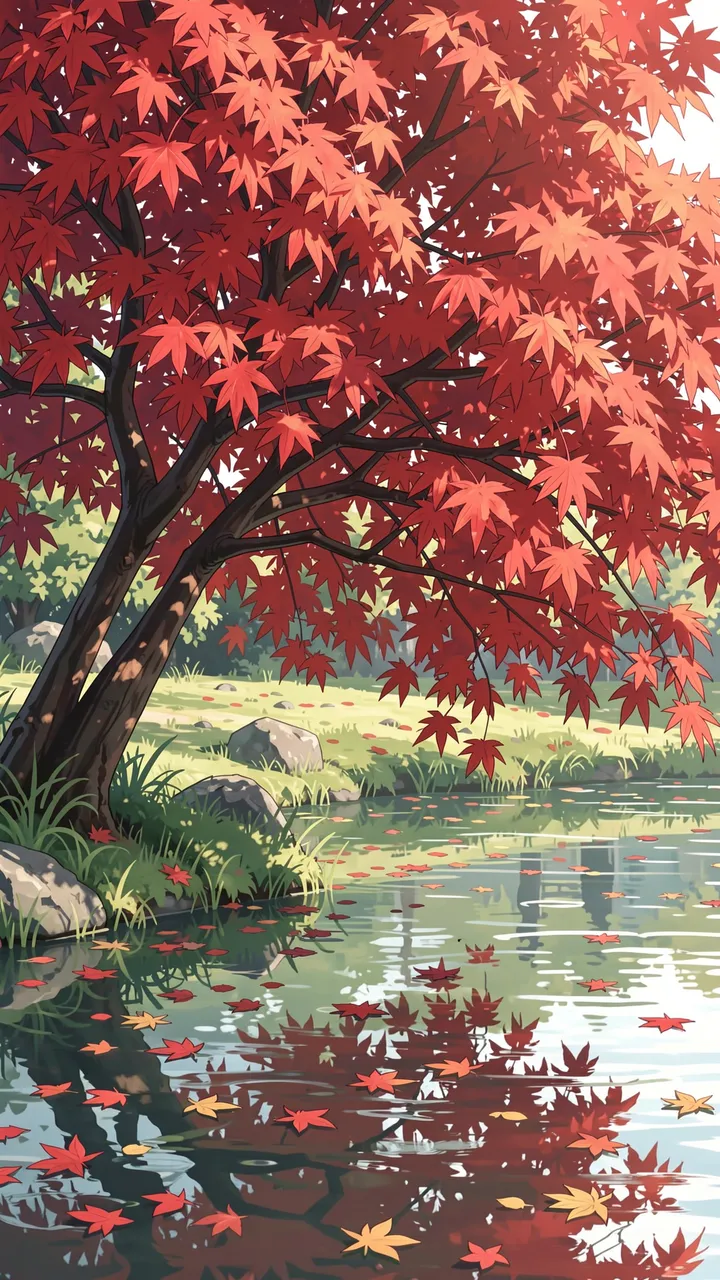Anime style illustration of a leaning red maple tree over a calm pond with floating autumn leaves