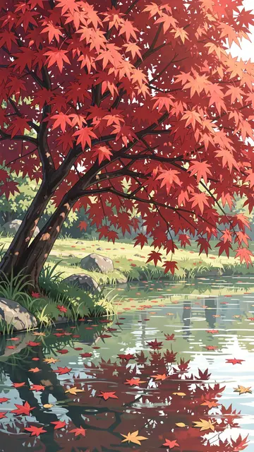 Anime style illustration of a leaning red maple tree over a calm pond with floating autumn leaves