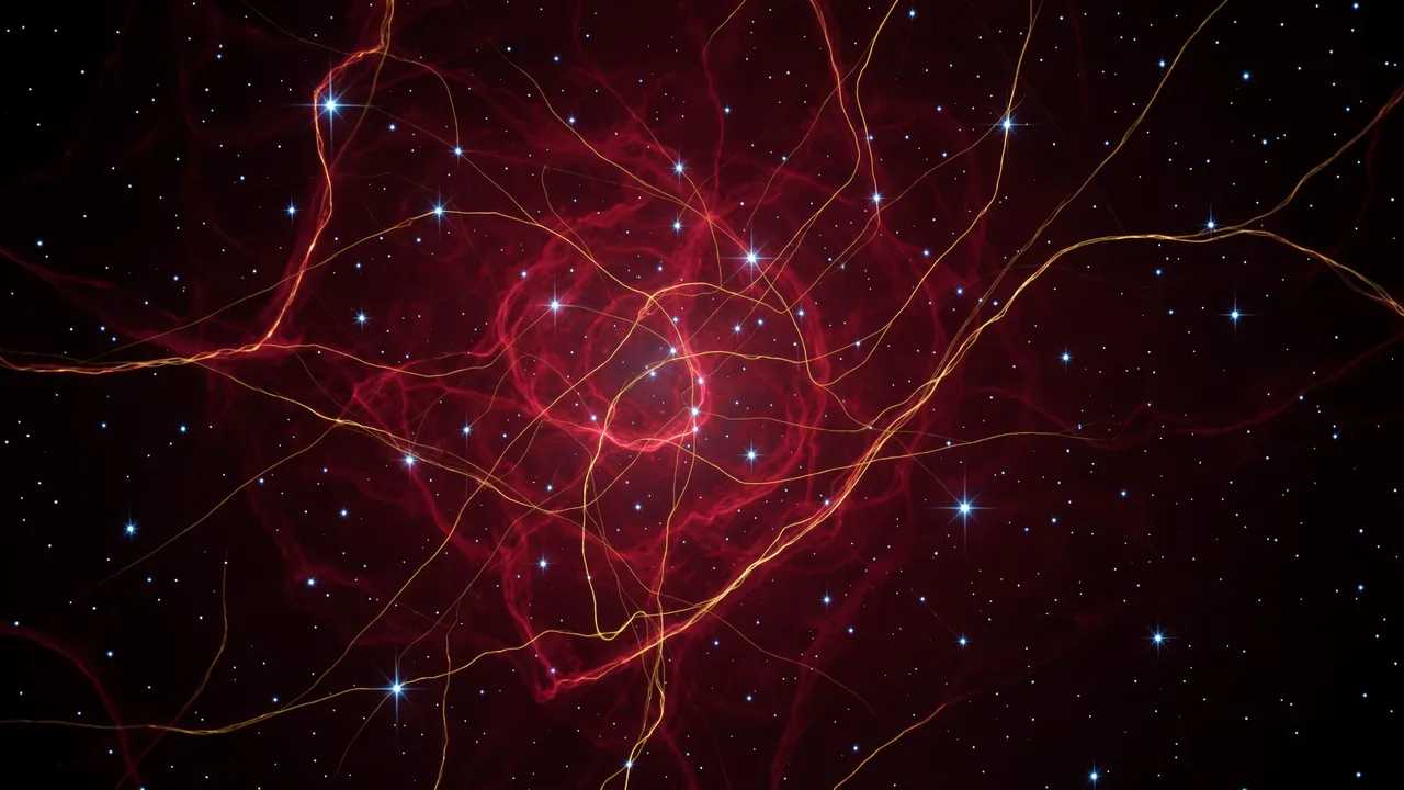 Deep red cosmic nebula laced with thin golden filaments and scattered bright blue-white stars against dark space