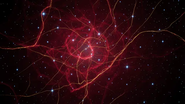 Deep red cosmic nebula laced with thin golden filaments and scattered bright blue-white stars against dark space