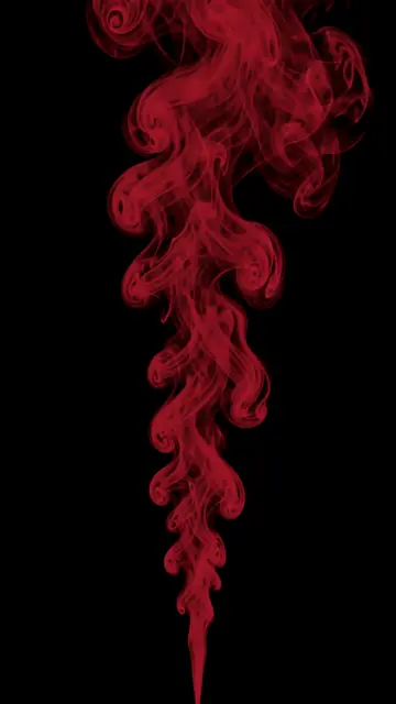 Vertical curling deep crimson smoke plume rises against a solid pure black background