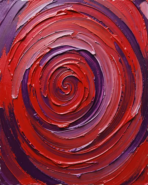 Thick raised impasto oil painting of swirling crimson and purple concentric spiral strokes