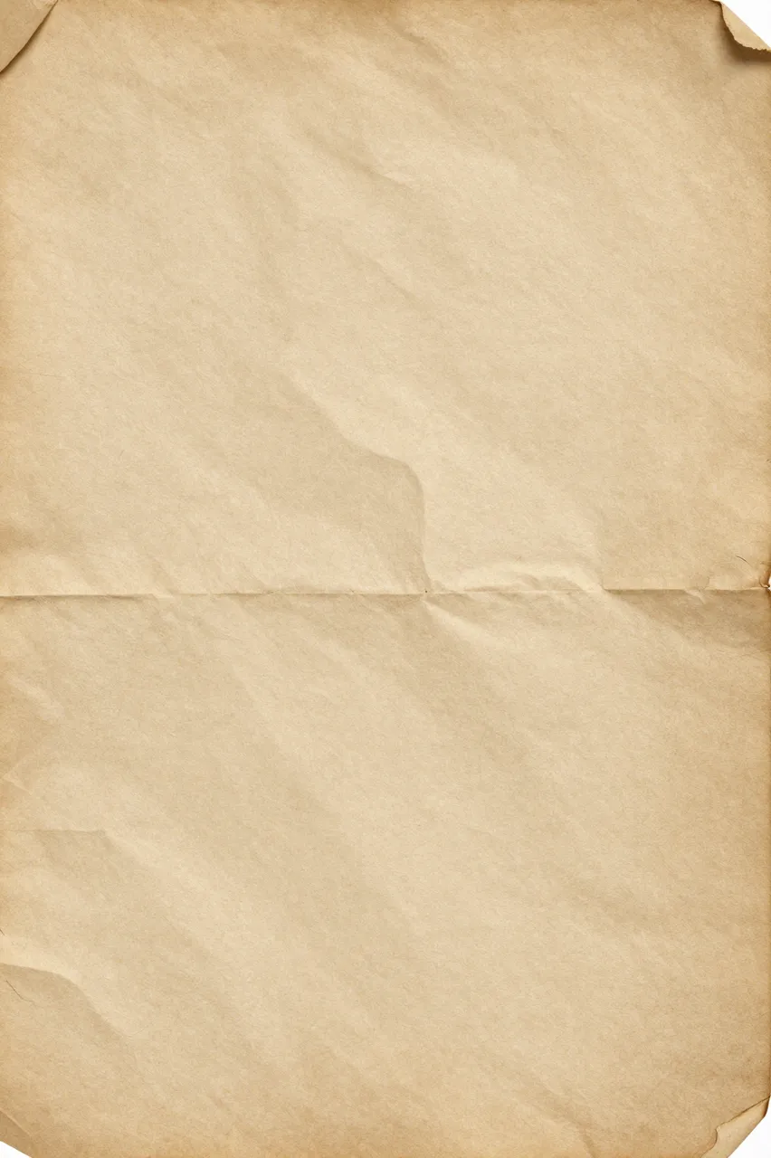 Top view of crinkled warm sepia old paper with faint creases and folded corner edges