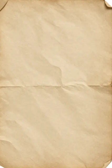 Top view of crinkled warm sepia old paper with faint creases and folded corner edges