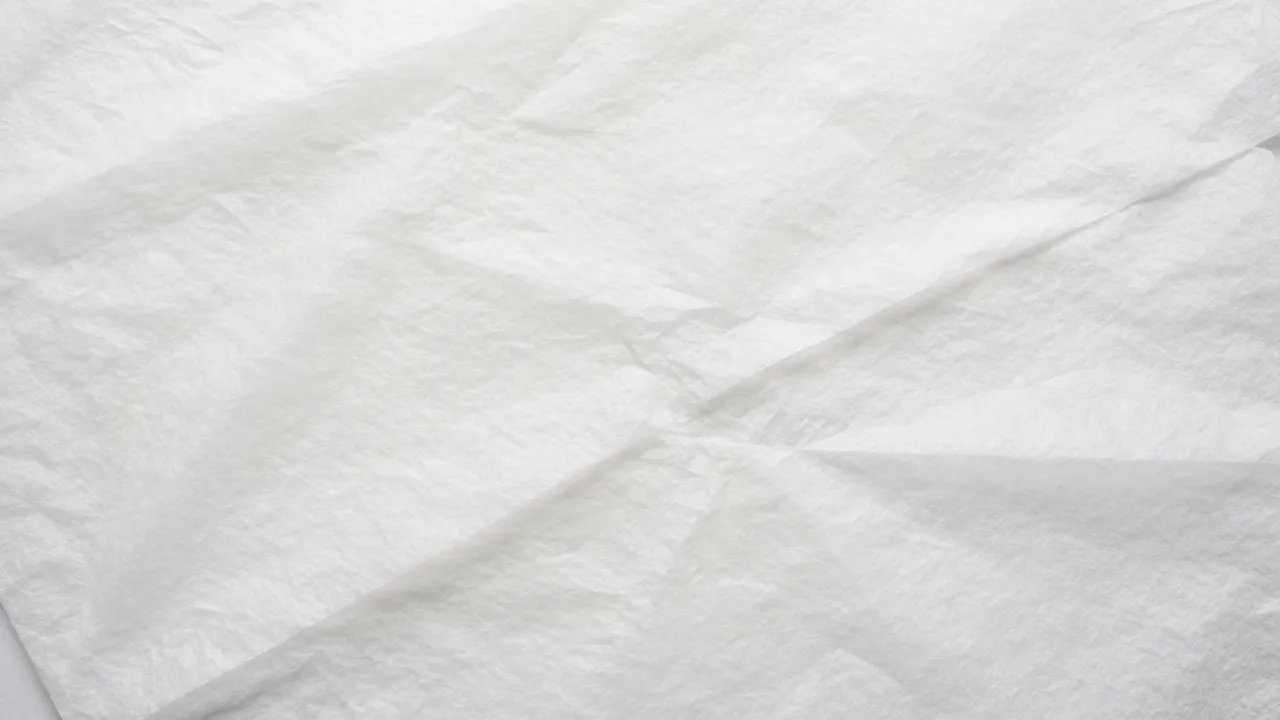 Full frame close-up of soft overlapping crumpled white tissue paper with subtle pale shadows
