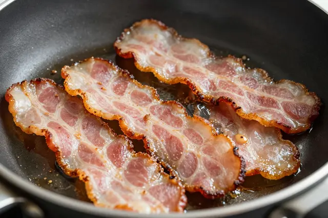 Crispy sizzling bacon strips cook in oil inside a nonstick frying pan