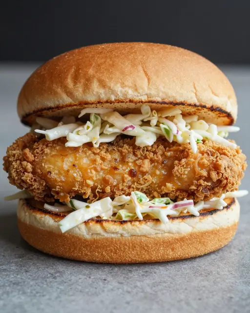 A close-up of a crispy fried chicken burger with coleslaw between toasted bun halves