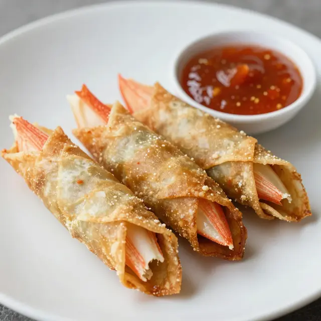 Three golden crispy fried wonton rolls sit on a white plate with a small bowl of sweet chili dipping sauce