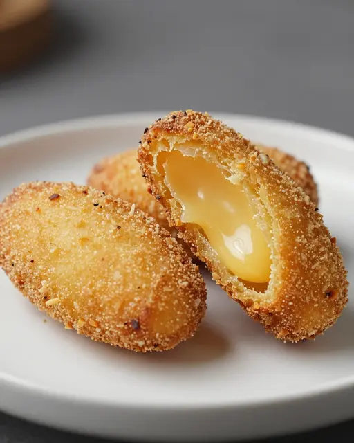 Fried breaded croquetas, one split open to show creamy melted filling, sit on a plain white plate