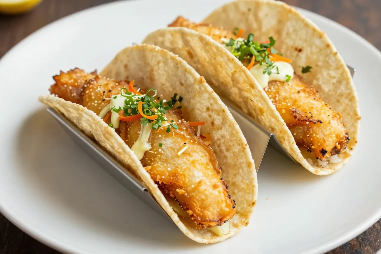Two crispy battered fish tacos garnished with herbs sit in a metal taco holder on a white plate.