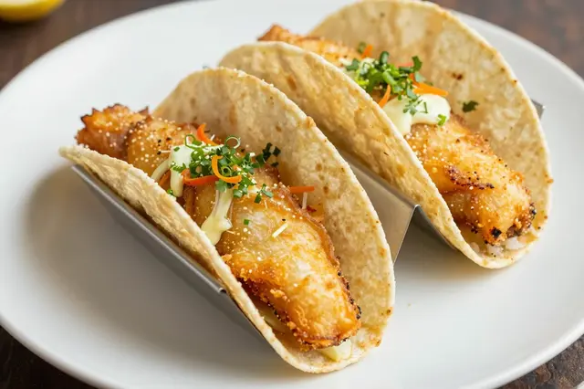 Two crispy battered fish tacos garnished with herbs sit in a metal taco holder on a white plate.