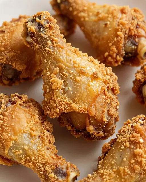 Close-up of golden breaded fried chicken drumsticks arranged on a light neutral surface