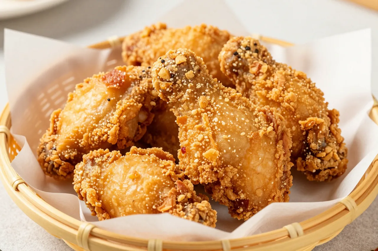 Crispy breaded fried chicken pieces sit in a parchment-lined woven bamboo basket on a light countertop