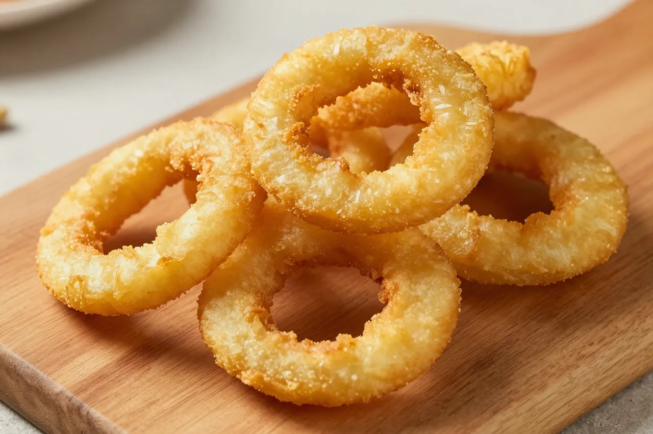 Golden crispy breaded onion rings stacked on a light wooden serving board