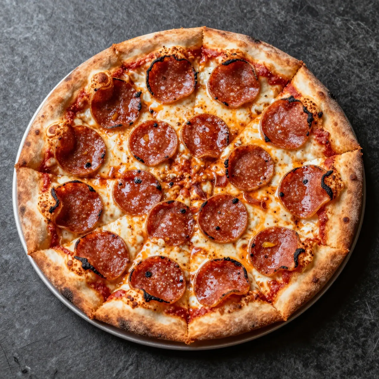 Top-down view of a freshly baked pepperoni pizza with curled charred pepperoni on a dark stone surface resting on a metal pan