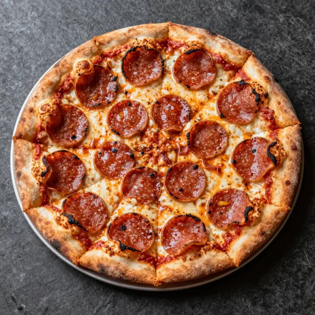 Top-down view of a freshly baked pepperoni pizza with curled charred pepperoni on a dark stone surface resting on a metal pan