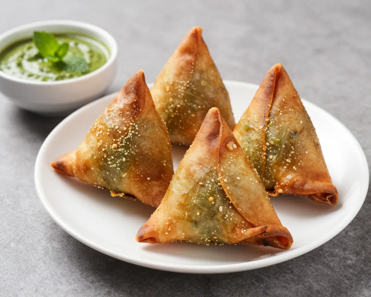 Four fried samosas on a white plate sit next to a bowl of green mint chutney garnished with mint leaves.