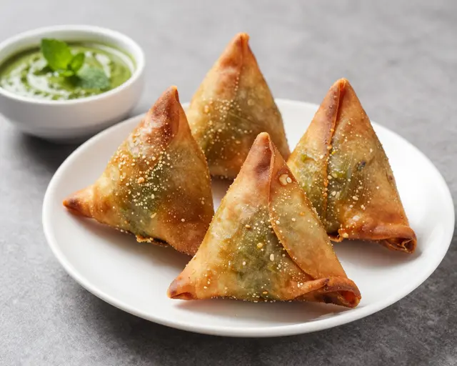 Four fried samosas on a white plate sit next to a bowl of green mint chutney garnished with mint leaves.
