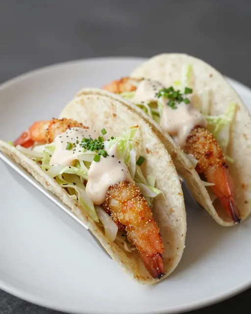 Two crispy shrimp tacos topped with slaw and crema rest on a white ceramic plate.
