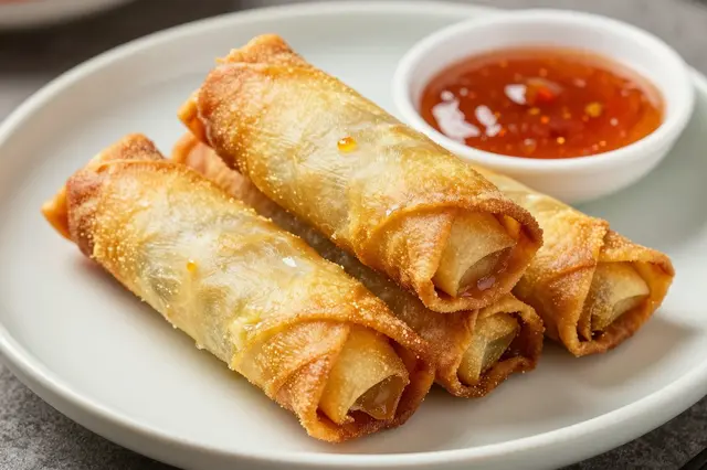 Fried crispy egg rolls sit on a plate next to a small bowl of sweet chili dipping sauce.