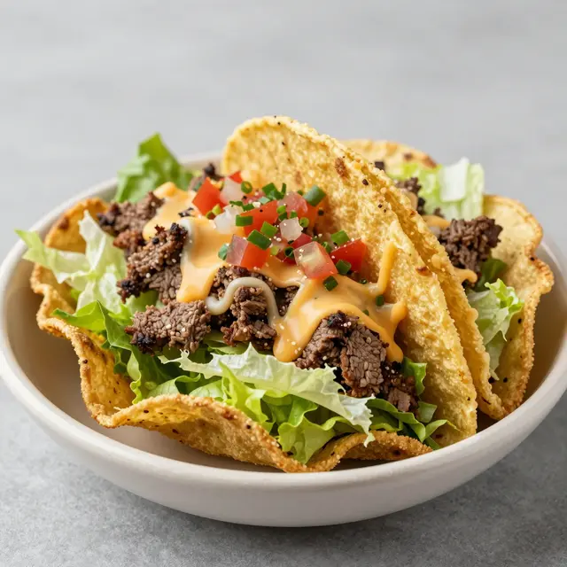 Taco salad with seasoned beef, lettuce, cheese and salsa served in a crispy fried tortilla bowl in a white ceramic dish