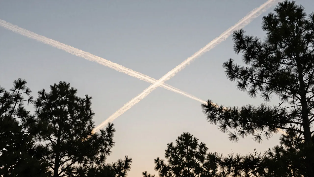 Crossed white airplane contrails stretch across a pale evening sky framed by dark pine tree silhouettes