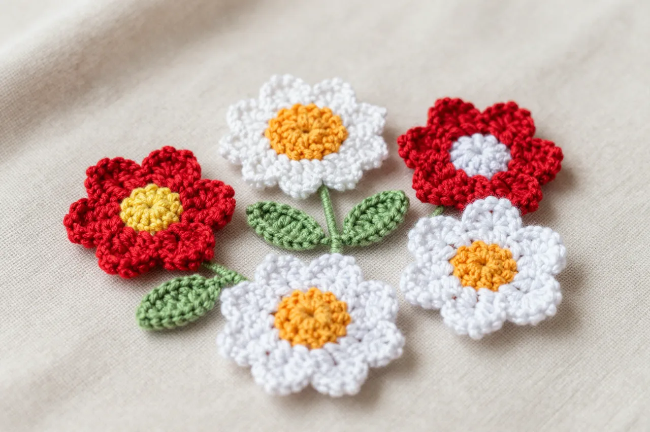 Colorful handmade crochet flowers rest arranged on soft neutral linen fabric.