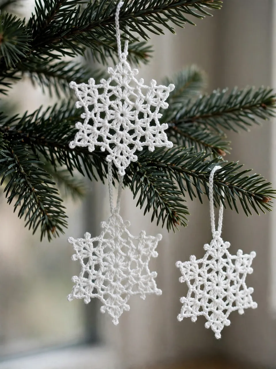 White crocheted snowflake ornaments hang from a dark green fir branch next to a soft out-of-focus window.