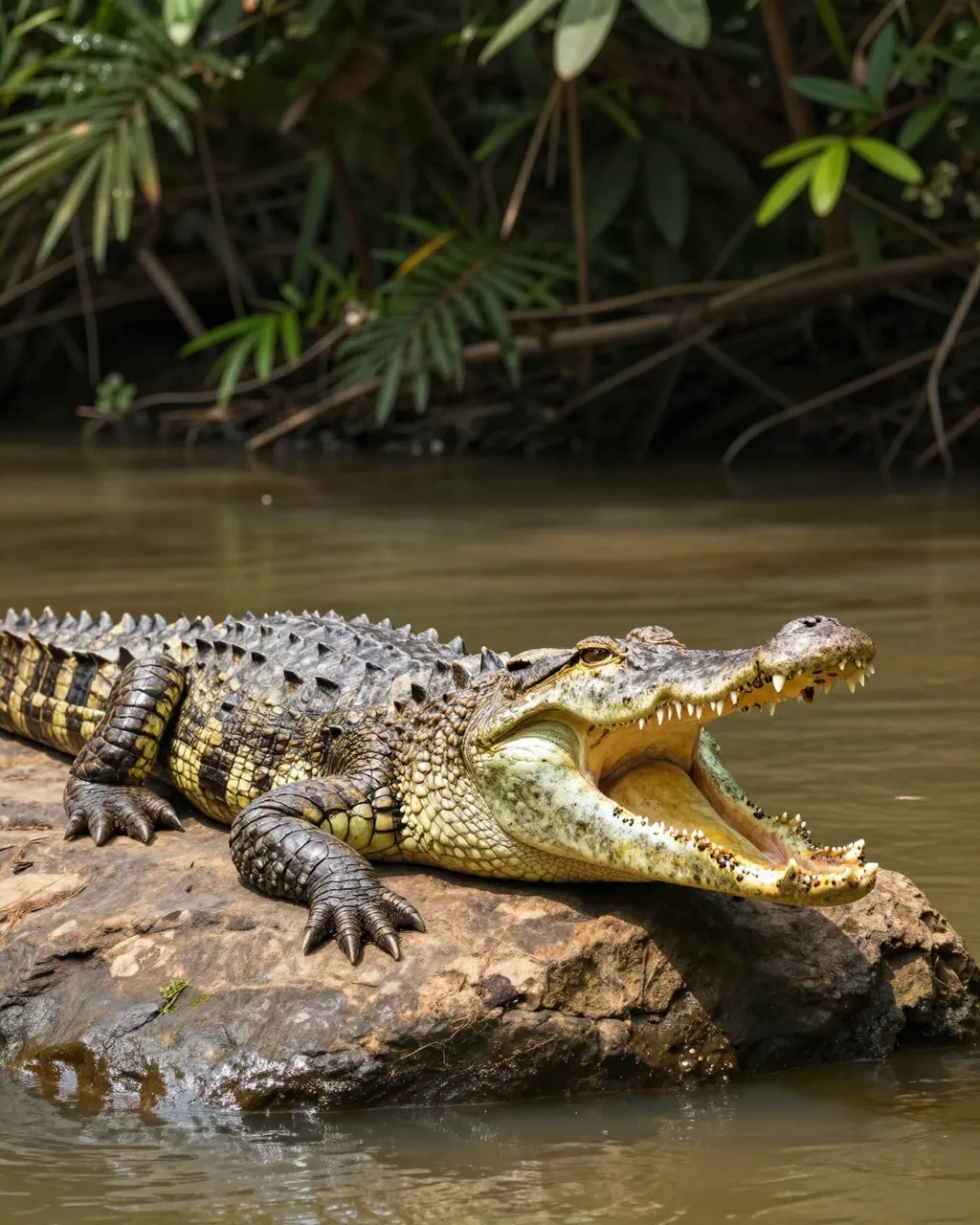A crocodile with jaws wide open rests on a rock beside a jungle river in warm sunlight
