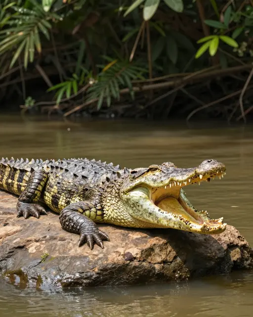 A crocodile with jaws wide open rests on a rock beside a jungle river in warm sunlight