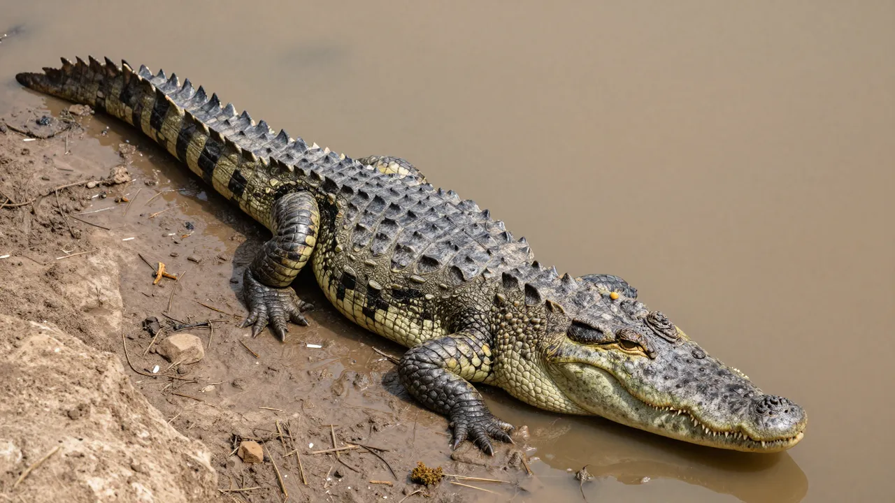 An adult crocodile rests partially on a muddy bank at the edge of a brown murky river.