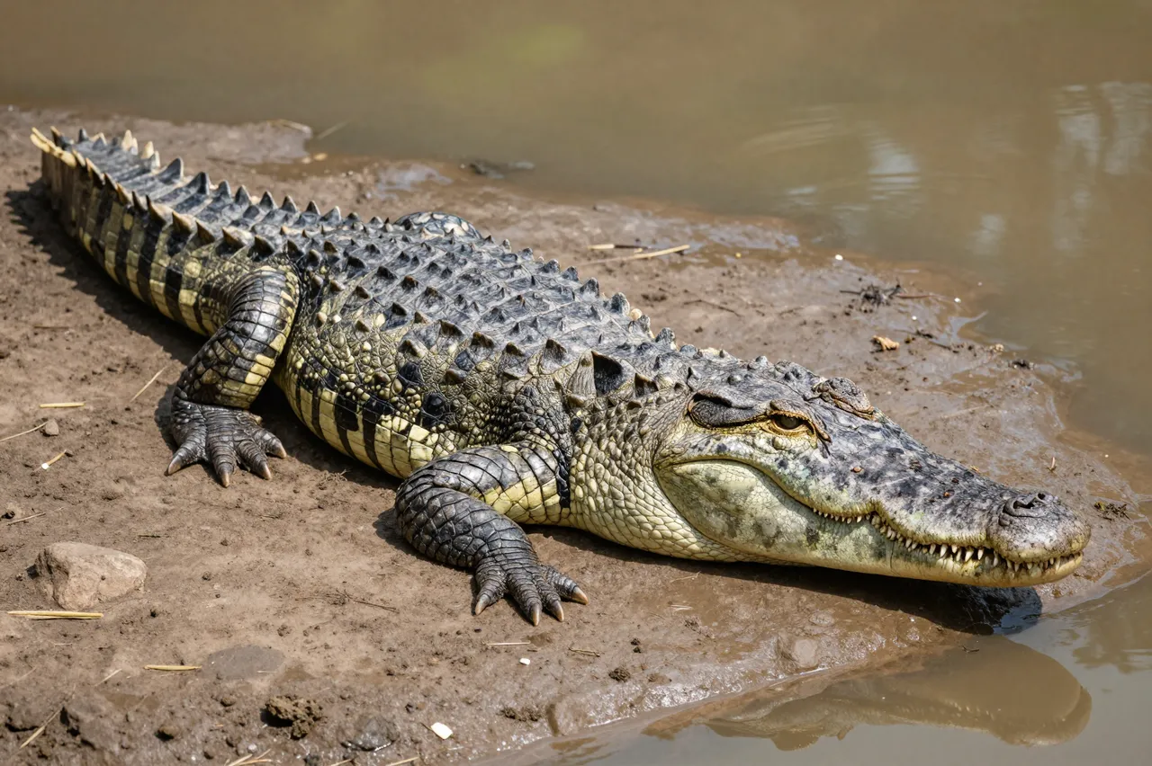 A large crocodile lies stretched out on a muddy riverbank next to murky brown water in bright daylight