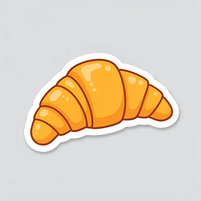 Cute flat illustration of a golden croissant sticker with a white border on a light gray background