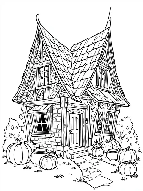 Black and white line art of an intricate crooked storybook cottage with pumpkins and cauldrons in the front yard
