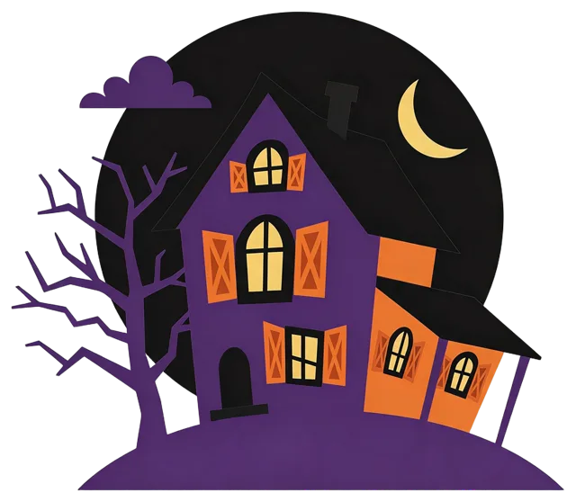 Flat vector illustration of a crooked haunted house on a hill with lit windows, bare tree, and crescent moon.