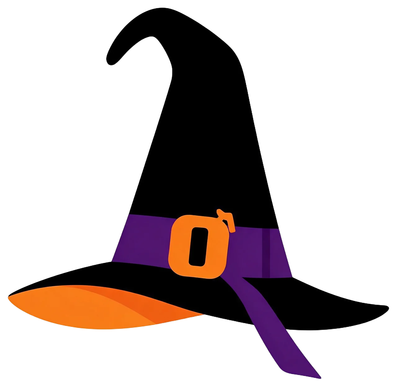 Flat vector illustration of a tall crooked witch hat with purple band and orange buckle