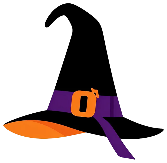 Flat vector illustration of a tall crooked witch hat with purple band and orange buckle