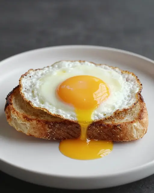 Toasted bread with a runny fried egg sits on a light ceramic plate, golden yolk spilling over the edge.