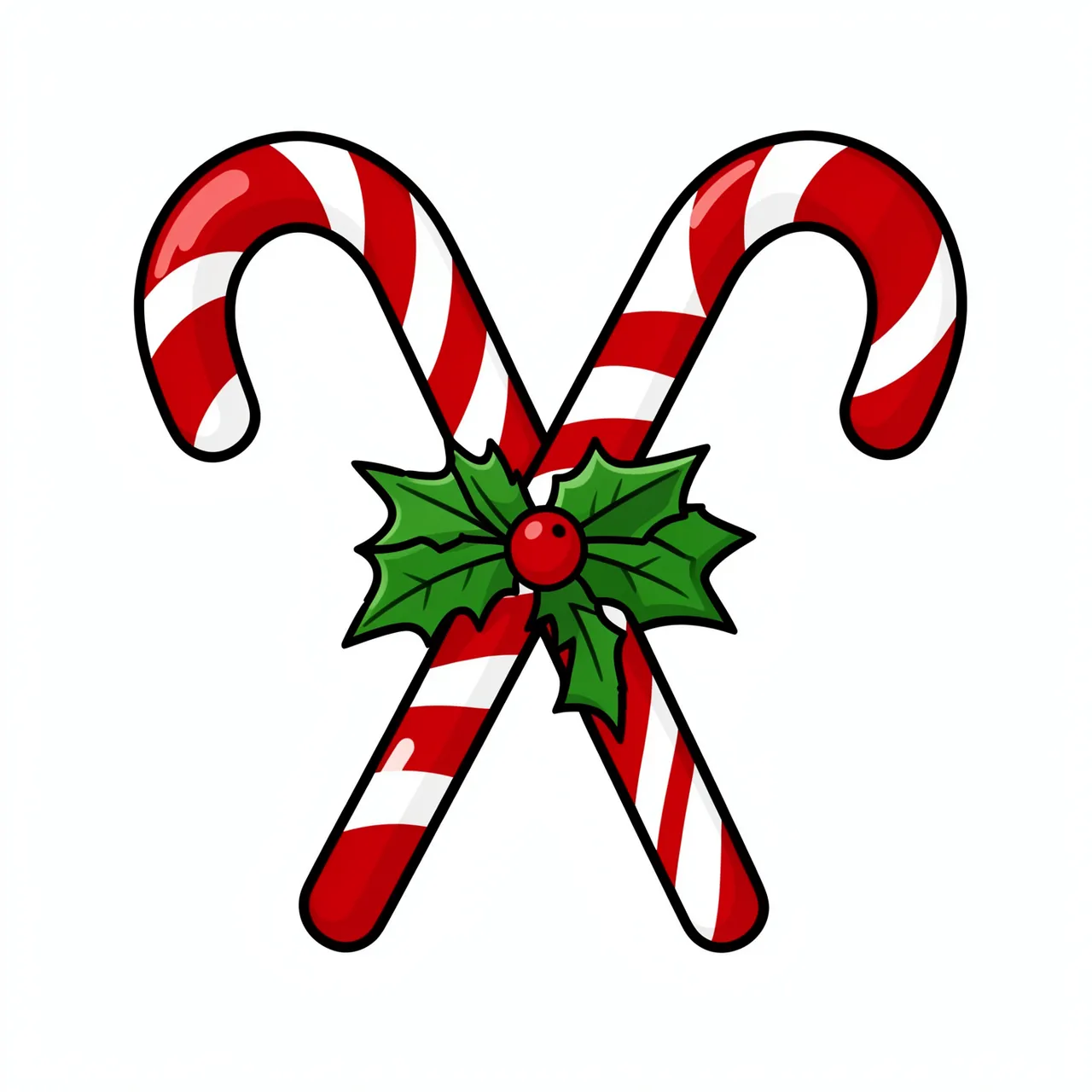 Flat cartoon illustration of two crossed red and white candy canes tied with a holly sprig on a plain white background